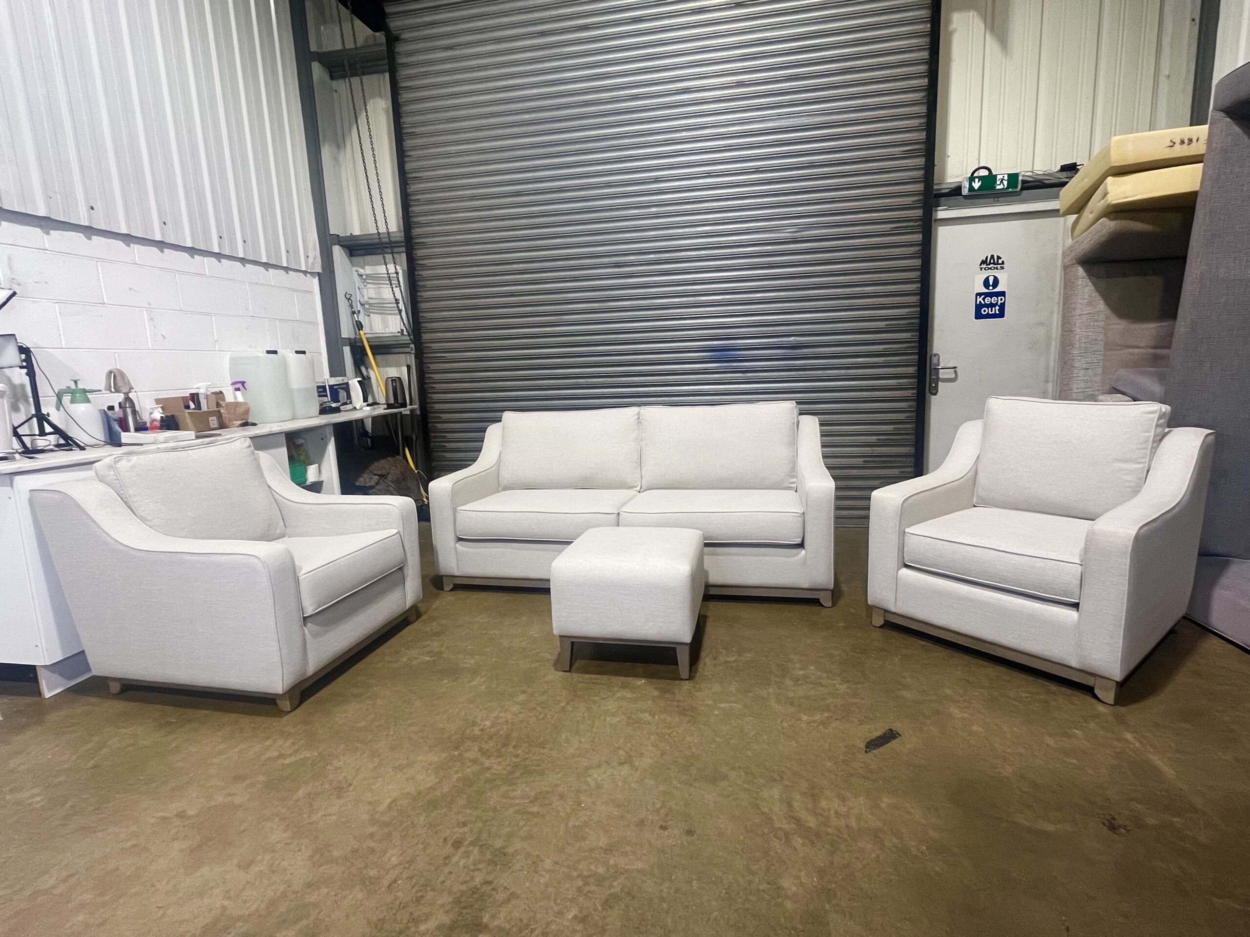 Light Beige 3 seater sofa with two matching armchairs & footstool. - Image 5