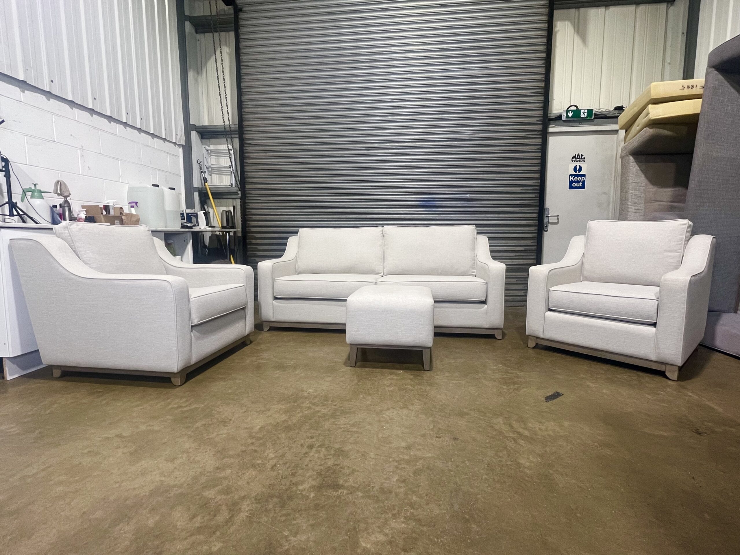 Light Beige 3 seater sofa with two matching armchairs & footstool. - Image 4
