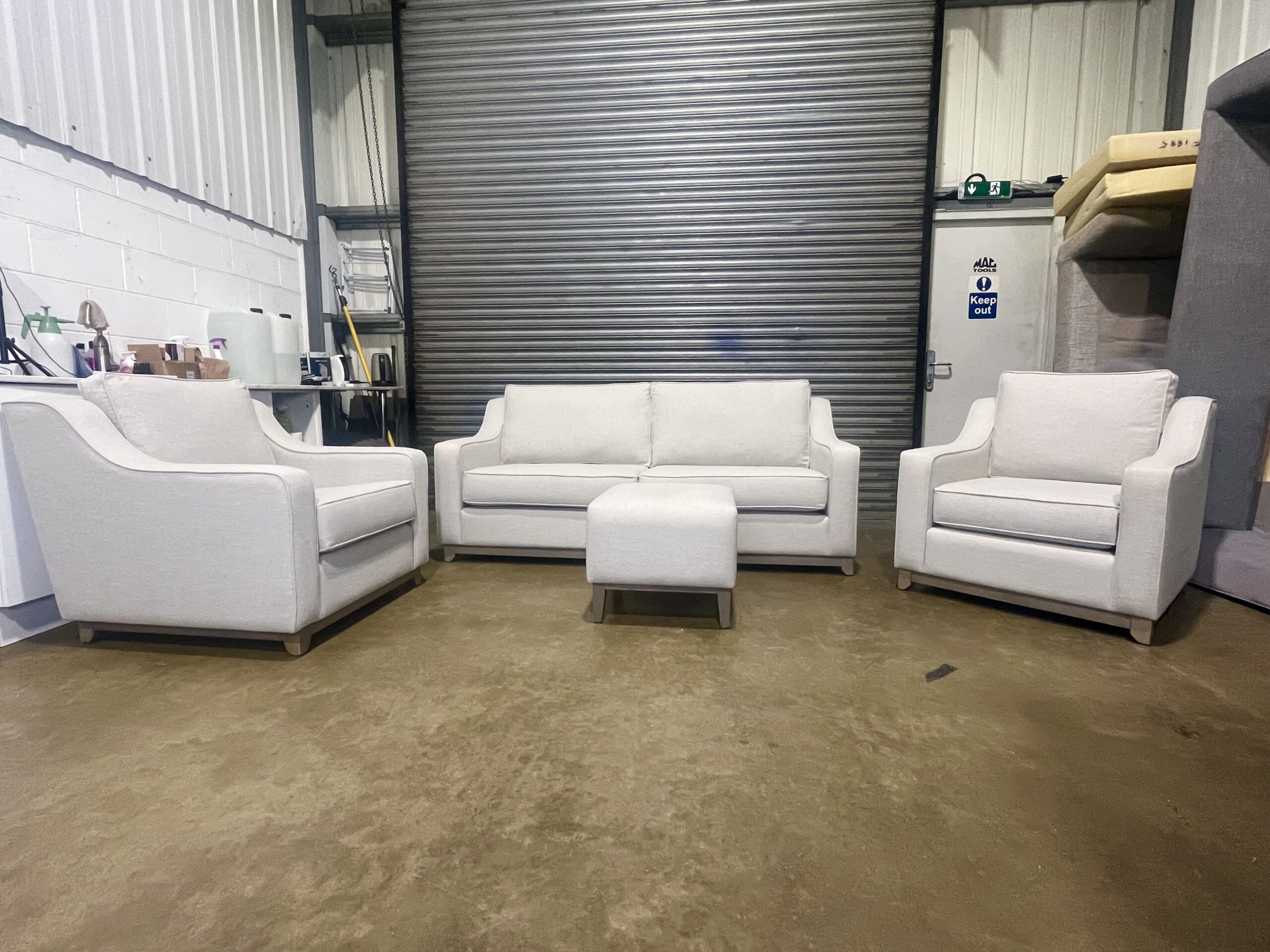 Light Beige 3 seater sofa with two matching armchairs & footstool. - Image 3