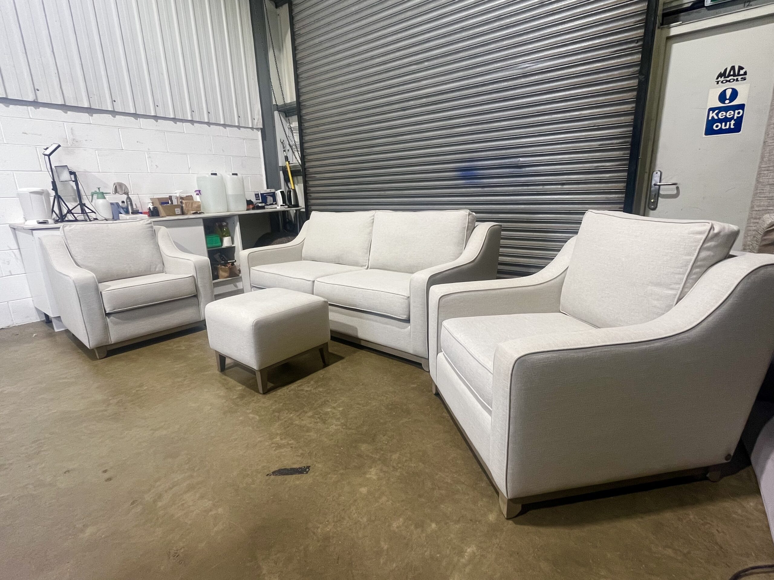 Light Beige 3 seater sofa with two matching armchairs & footstool. - Image 6