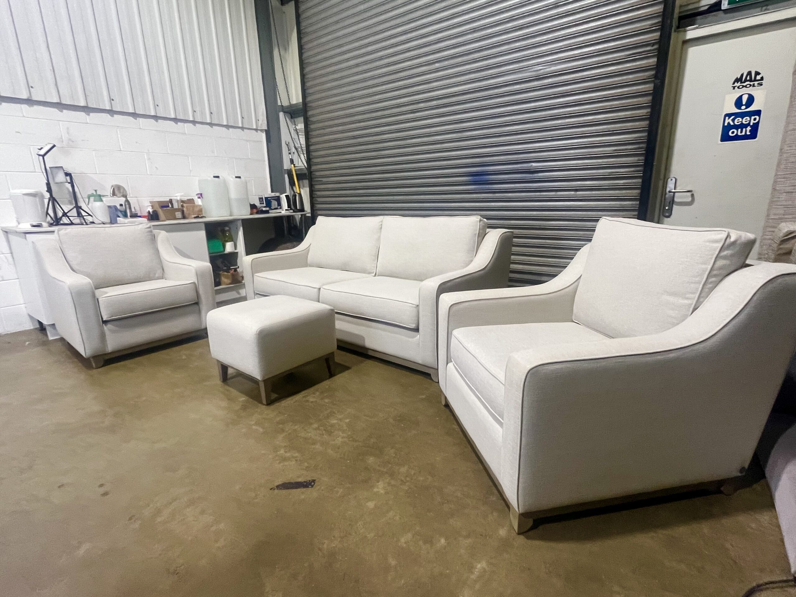 Light Beige 3 seater sofa with two matching armchairs & footstool. - Image 7
