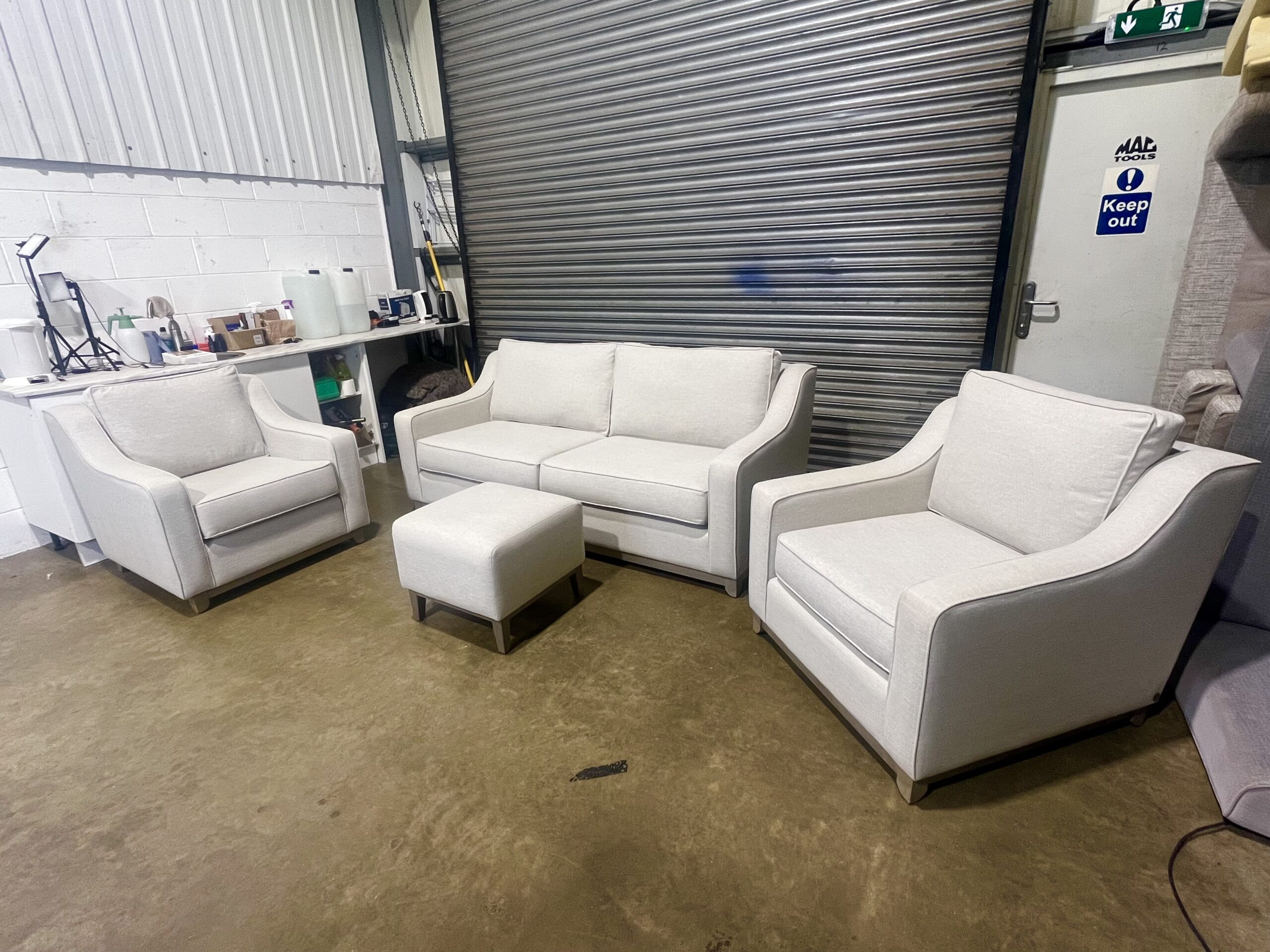 Light Beige 3 seater sofa with two matching armchairs & footstool. - Image 8