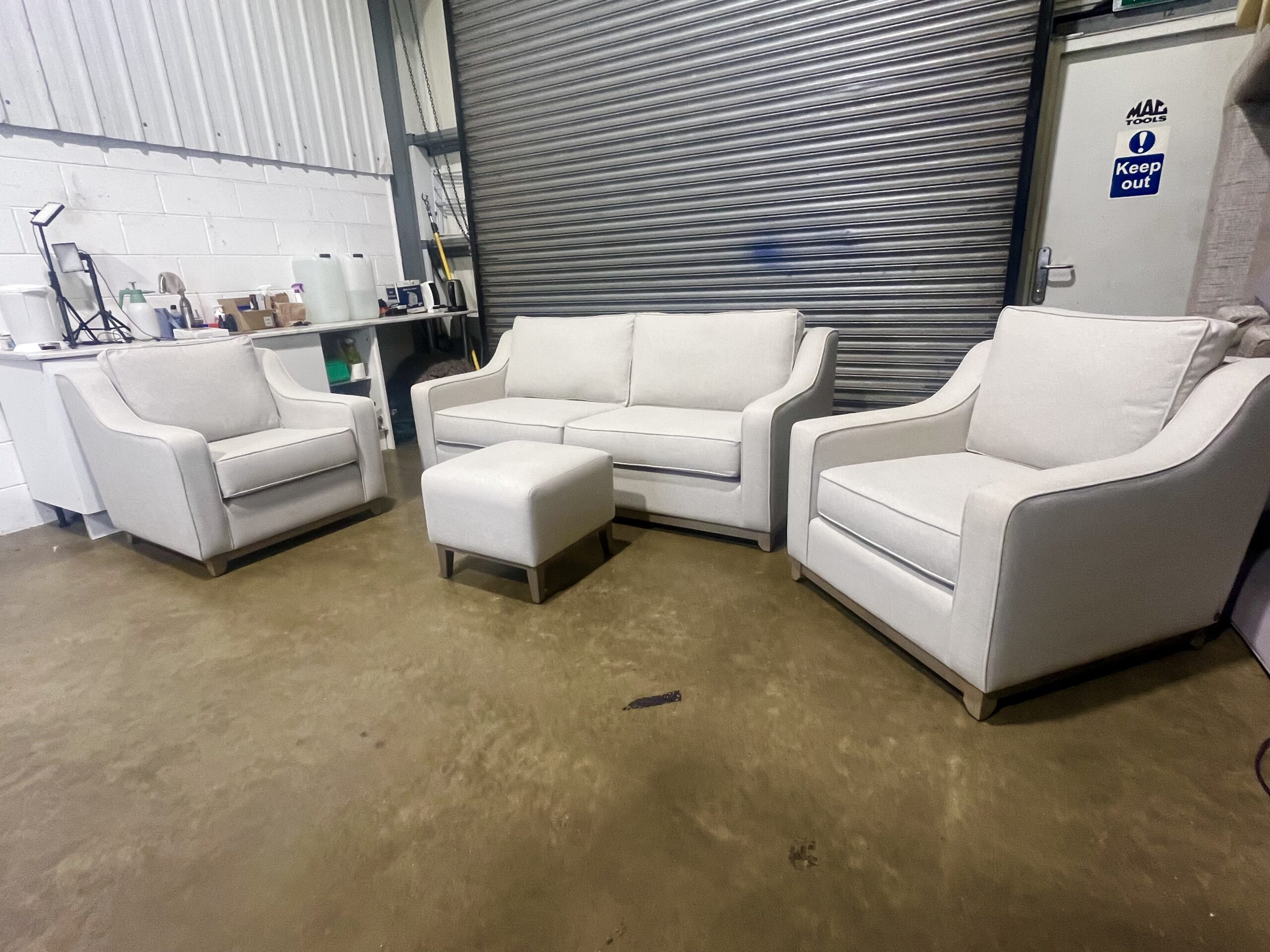 Light Beige 3 seater sofa with two matching armchairs & footstool. - Image 11