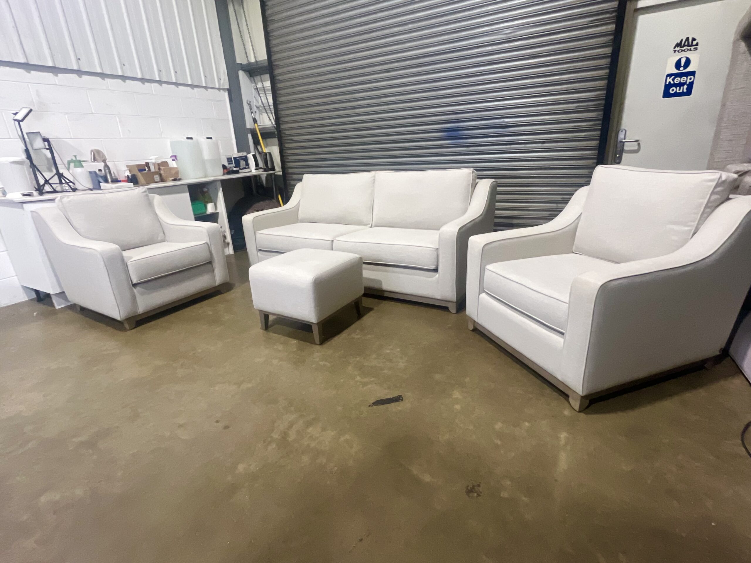 Light Beige 3 seater sofa with two matching armchairs & footstool. - Image 10