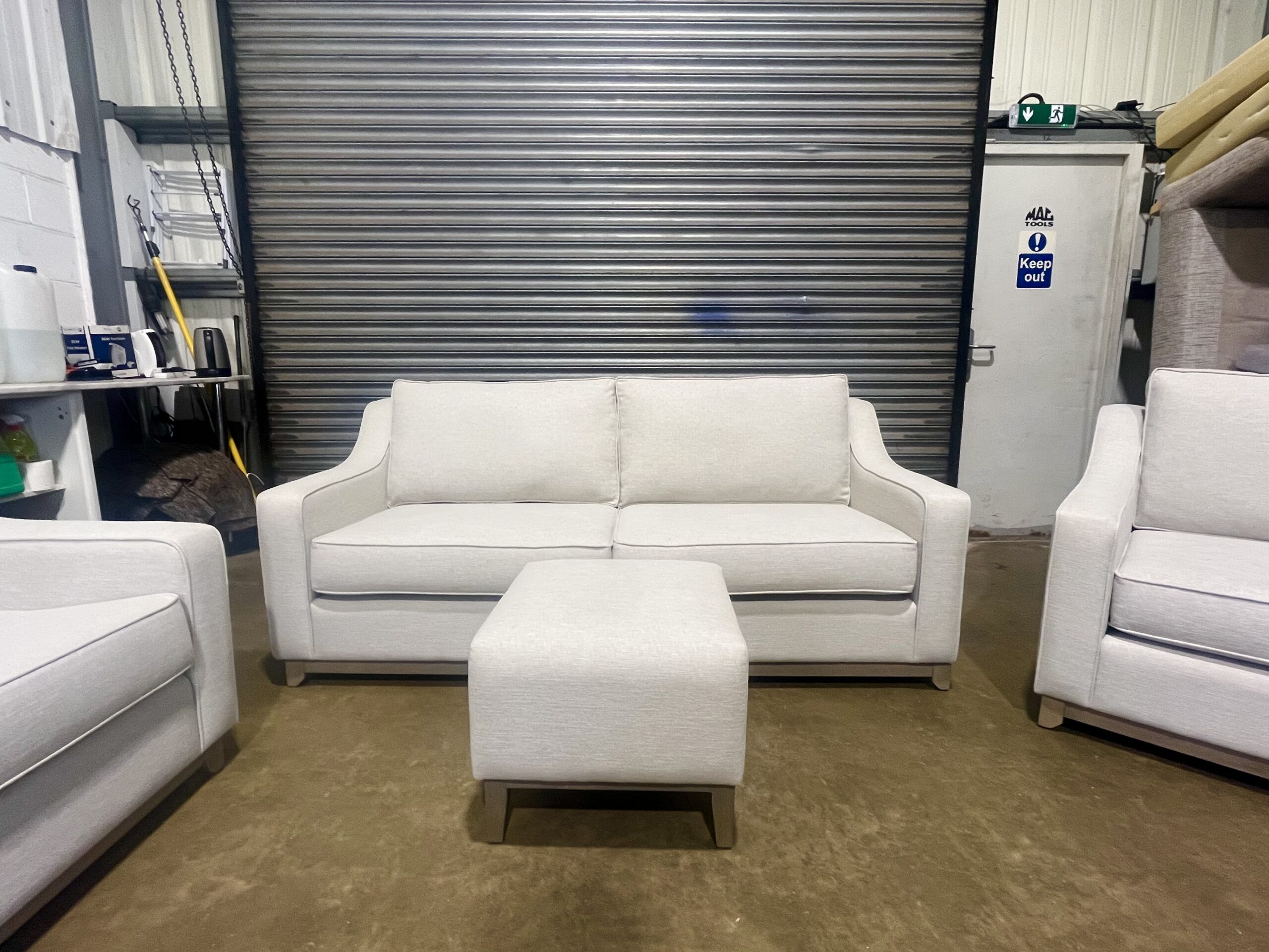 Light Beige 3 seater sofa with two matching armchairs & footstool. - Image 9