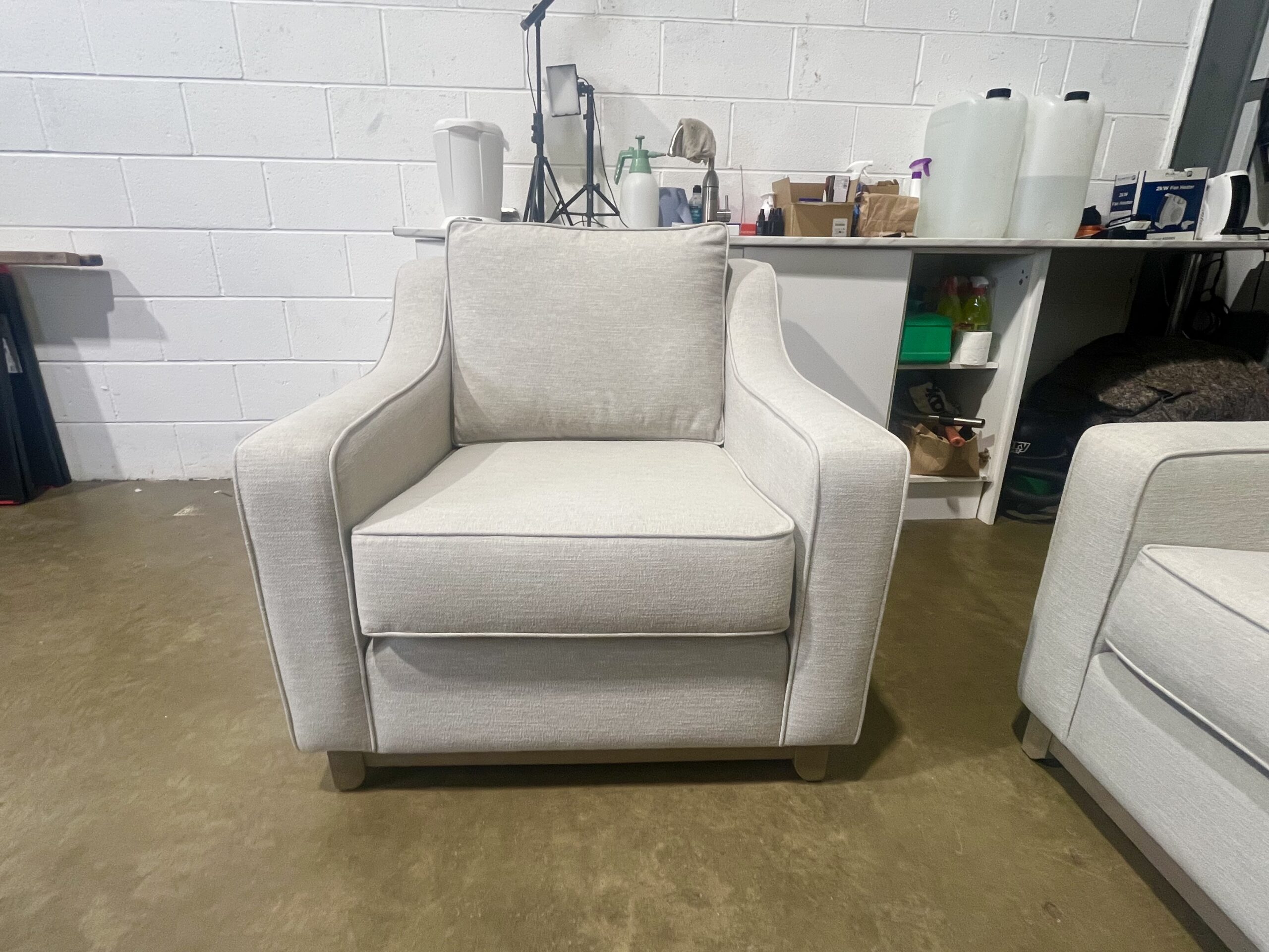 Light Beige 3 seater sofa with two matching armchairs & footstool. - Image 13