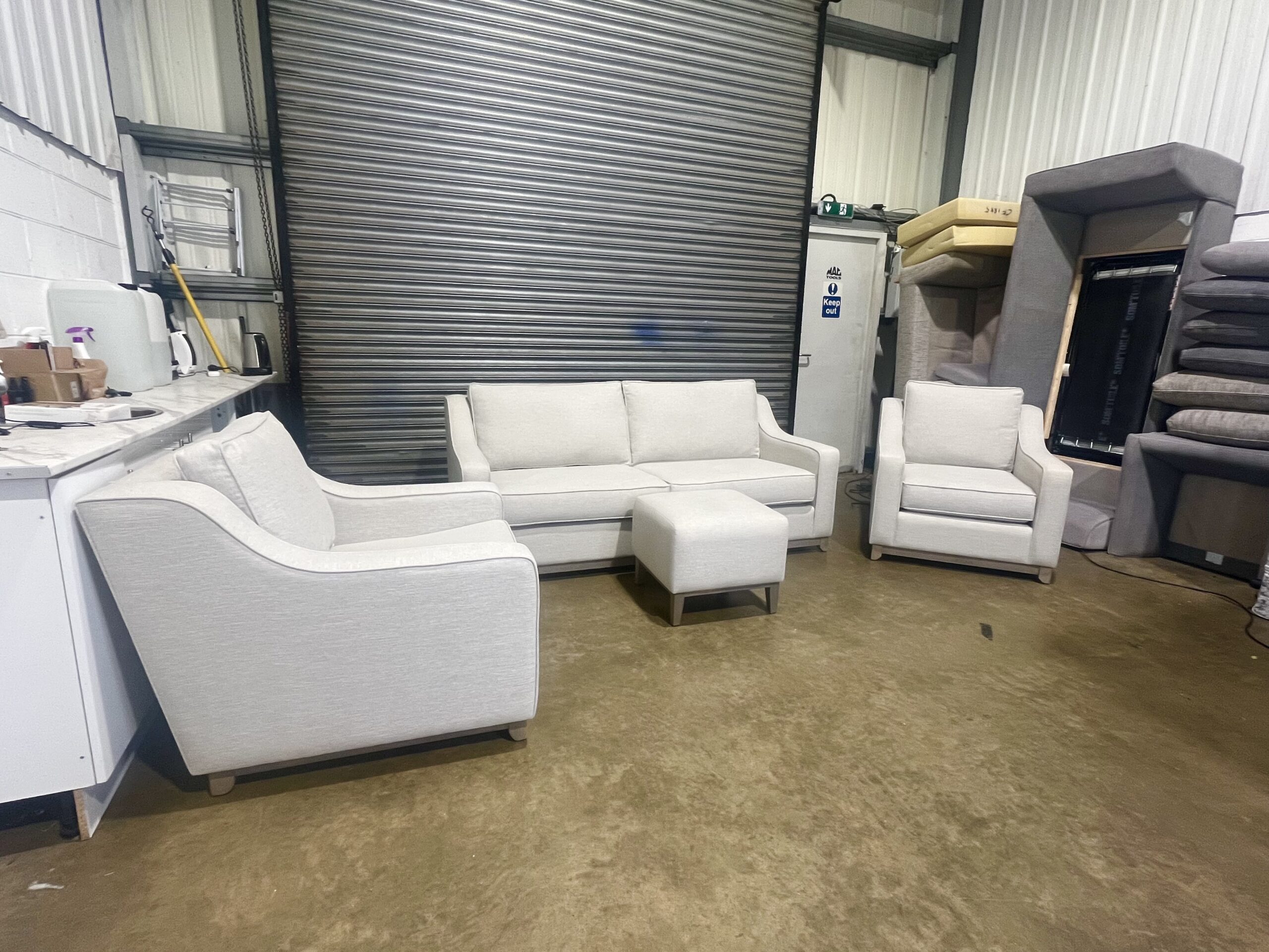Light Beige 3 seater sofa with two matching armchairs & footstool. - Image 12