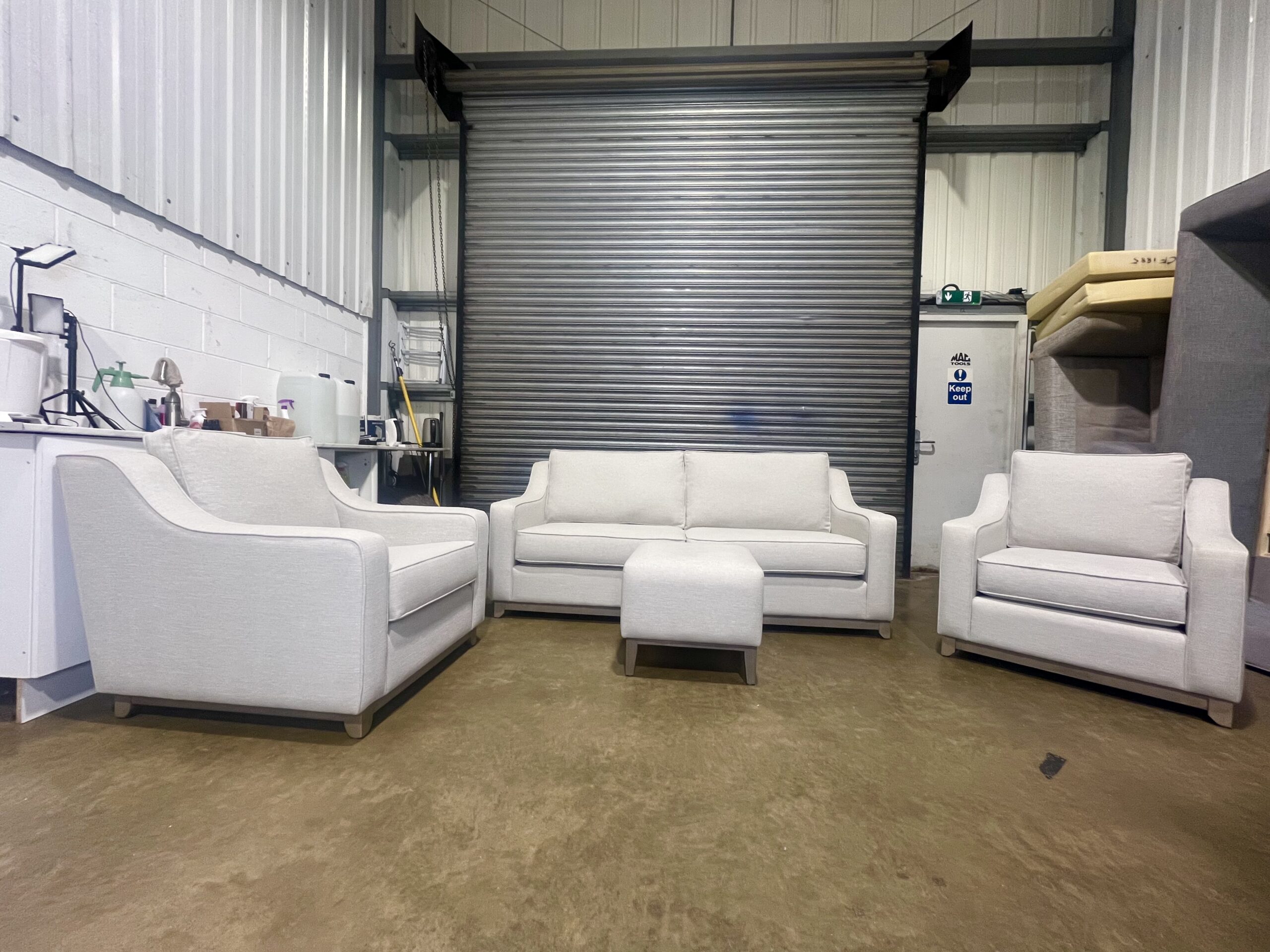 Light Beige 3 seater sofa with two matching armchairs & footstool. - Image 16