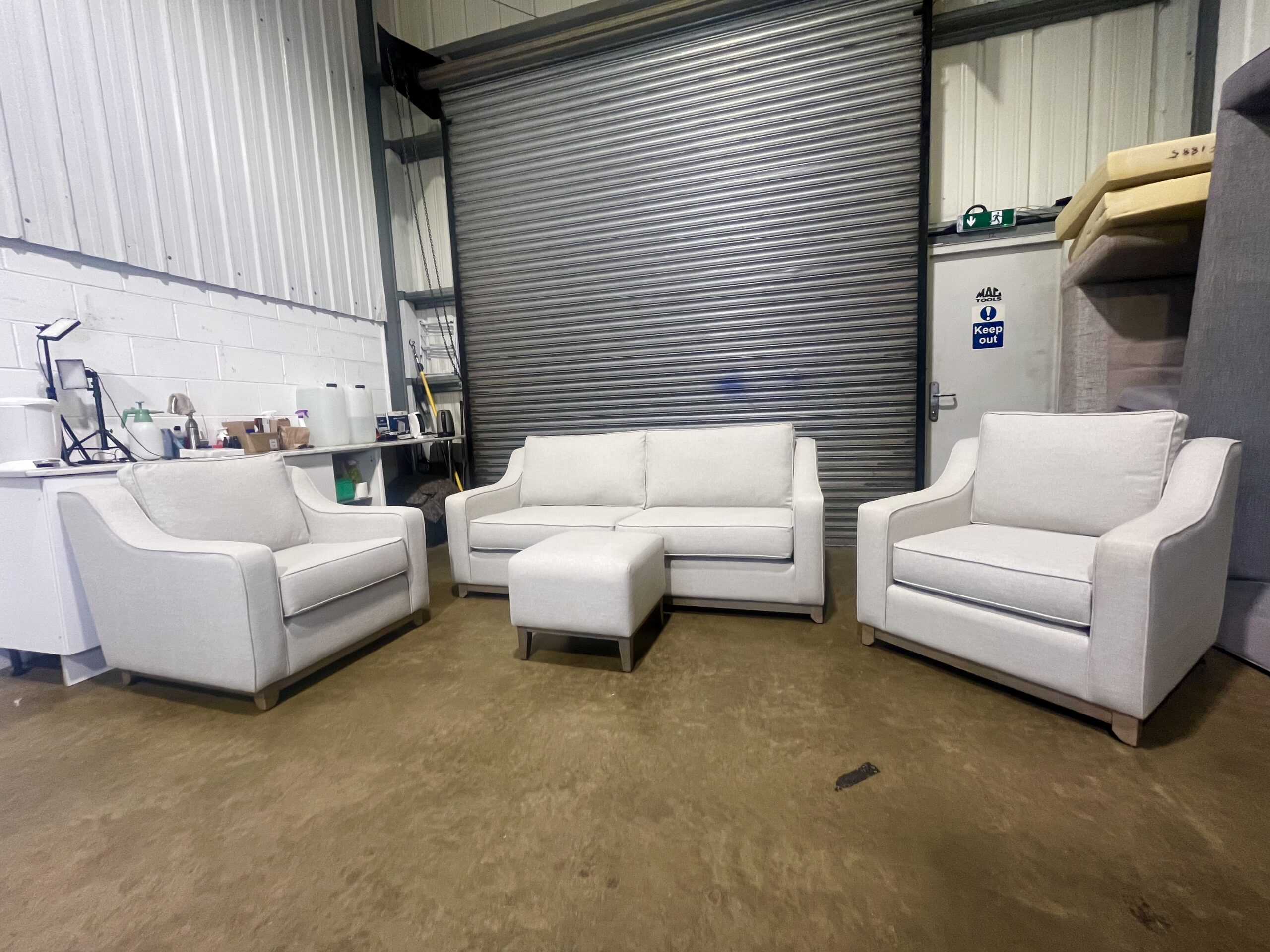 Light Beige 3 seater sofa with two matching armchairs & footstool. - Image 17